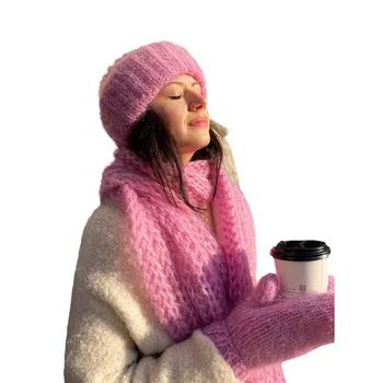 3 Adet/takım Kadın Örgü Şapka Eşarp Eldiven Yumuşak Sıcak Kış Düz Renk Moda Aksesuarları Soğuk Hava için