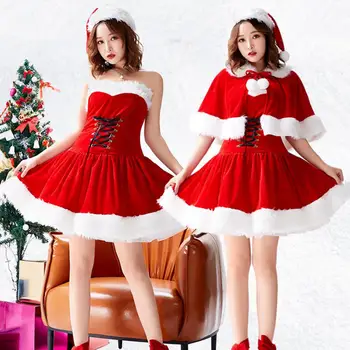 3 Adet / takım Noel Kostüm Santa Stil Kırmızı Kapalı Omuz Kolsuz Elbise Dantel Up Yumuşak Noel Pelerin Şapka Seti Sahne Gösterisi için
