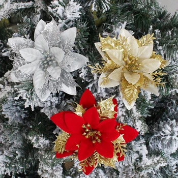 3 adet Noel Yapay Çiçekler Glitter Poinsettia Noel Ağacı Süsler çiçek dekorasyonu Altın Gümüş Kırmızı