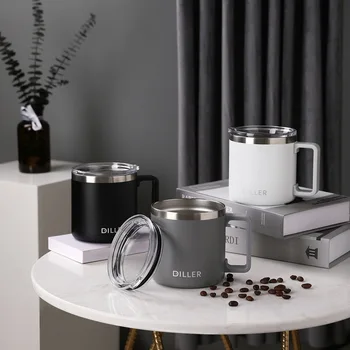 300ML Paslanmaz Çelik Kahve Kupaları Kalınlaşmış Çift Duvar çay fincanları Seyahat Kupa Kamp kulplu kupalar ve Şeffaf Kapaklı