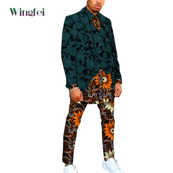 4 Adet Set Moda Dashiki Erkek Takım Elbise Ankara Baskı erkek gömleği + pantolon + yelek + blazer Ceket Bazin Riche Afrika Giysi Erkekler için WYN1808