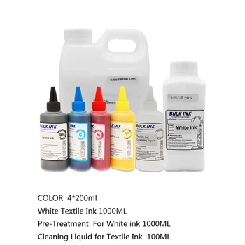 4 Renk X 200ml tekstil mürekkebi + 1 adet X 1000ml beyaz mürekkep + 1 adet X 1000ml beyaz mürekkep sabitleme maddesi + 1 adet X 100ml temizleme sıvısı