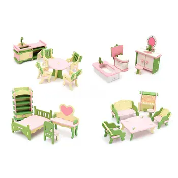 4 Set Ahşap Dollhouse Minyatür Mobilya Bulmaca Modeli Çocuk Çocuk Oyuncakları
