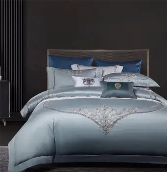 40 Mavi Gri 1000TC %100 % Mısır Pamuklu 4 Adet Nevresim yatak örtüsü seti Premium Nakış Kraliçe king-size yatak çarşafı Yastık shams