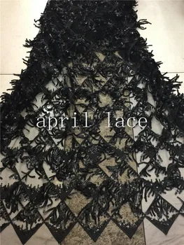 5 metre N001 kaliteli güzel armürlü Siyah fringe pullu nakış net mesh dantel kumaş için akşam elbise / düğün