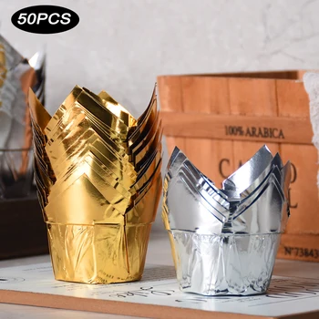 50 Adet Altın Gümüş Lale Kek kek kapları Düğün Parti Yağ Geçirmez Muffin Cupcake Ambalaj Kağıdı Tepsisi