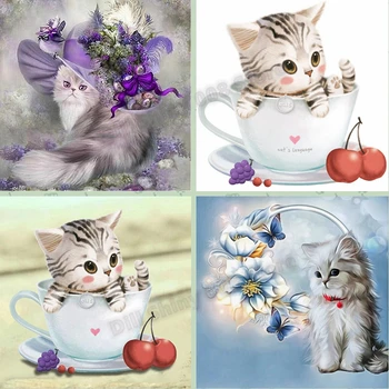 5D DIY Elmas Boyama Kedi kahve fincanı, Kedi giyen şapka Nakış Mozaik Resim Taklidi El Yapımı Kitleri Hayvan Ev Dekor