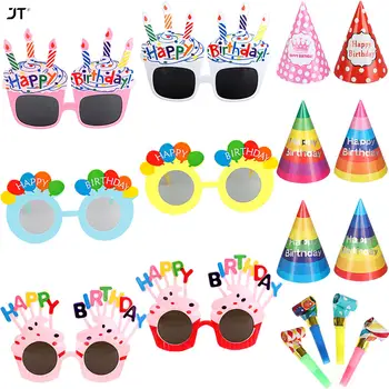 6 Paket Mutlu Doğum günü şapkaları + Gözlük 4 Paket Körükler Erkek Kız Mutlu Doğum Günü Partisi Süslemeleri Çocuklar Hediye