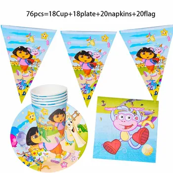 76 adet Malzemeleri Parti Dekorasyon Dora Explorer Doğum Günü Partisi Tek Kullanımlık Parti Sofra Peçete Tabağı afiş balon