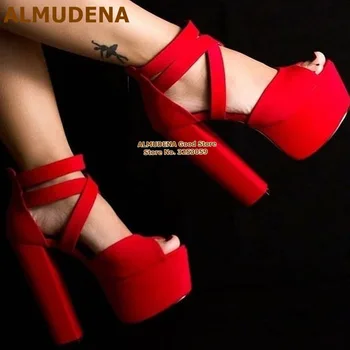 ALMUDENA Kırmızı Beyaz Gümüş Tıknaz topuklu sandalet Platformu Çapraz Kayış Burnu açık Düğün Ayakkabı Gökyüzü Yüksek Ziyafet parti ayakkabıları Size46