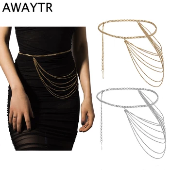 AWAYTR Düzeyli Yan Saçak Kadın Moda Kemerler Kalça Yüksek Bel Altın Şerit Dar Ayarlanabilir Metal Zincir Bel Bantları