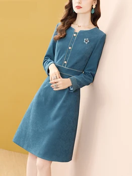 Abrini Kış Mavi Kadife Uzun Kollu Elbise Kadınlar 2022 Yeni İnci Düğme Sonbahar A-Line O-boyun Elbise Zarif Ofis Bayan Vestido