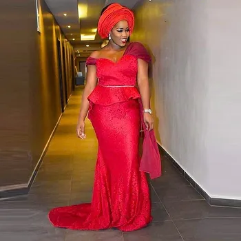 Afrika Kadınlar Kırmızı Dantel Balo Elbise Peplum Aso Ebi Akşam Elbise Custom Made Siyah Kızlar Parti Elbise Fotoğraflar İçin