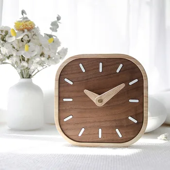Ahşap Analog Masaüstü Saati - 6 inç. Dekoratif ahşap Saat, Kenesiz Tasarım-Okunması Kolay Sessiz Süpürme Manto Saati