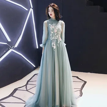 Akşam Elbise 2020 Yeni Moda Yüksek Boyun Tam Kollu Aplikler Çiçek Illusion Üç Çeyrek Kollu Balo Elbise Kat Uzunluk