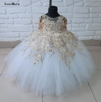 Altın Aplike Dantel Çiçek Kız Elbise Çocuk Giyim Prenses Elbiseler Kızlar İçin Çocuk Doğum Günü Elbise Kızlar için
