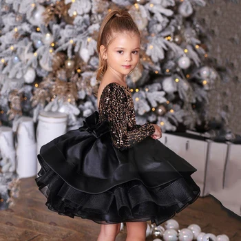 Altın Pullu Çiçek Kız Elbise Uzun Kollu Backless Scoop Boyun Ruffles Katmanlı kız Siyah Parti Kıyafeti Noel Pageant Elbise