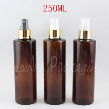 Altın Sprey Pompalı 250ML Kahverengi Düz Omuz Plastik Şişe, 250CC Boş Kozmetik Konteyner, Toner / Su Paketleme Şişesi