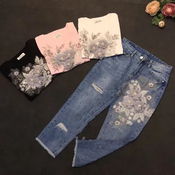 Amolapha Kadınlar Ağır İş Nakış 3D Çiçek Pamuk Tişörtleri + Kot 2 Parça Giyim Setleri Yaz Jean Pantolon Takım Elbise
