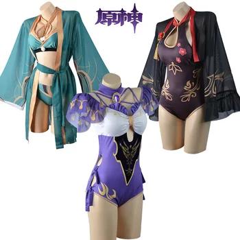 Anime Genshin Darbe Mayo Bikini Kimono Cover Up Kadınlar Havalandırma Hutao Cosplay Anime Mayo Seksi Yüzmek Mayo