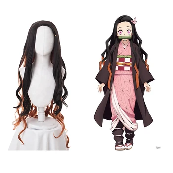 Anime iblis avcısı: Kimetsu hiçbir Yaiba Nezuko Kamado Peruk 95cm Uzun Cosplay Peruk + Peruk Kap Cadılar Bayramı Partisi Cosplay