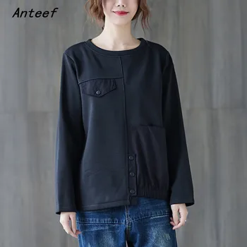 Anteef uzun kollu siyah pamuk sonbahar kış kore moda tshirt vintage tee t gömlek casual tops kadın 2021 t-shirt elbise