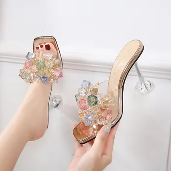Artı Boyutu 35 -46 Yaz Kadın Terlik Kristal Çiçek İnce Topuk Slaytlar Kadın Podyum Sandalet Seksi Pompaları parti ayakkabıları
