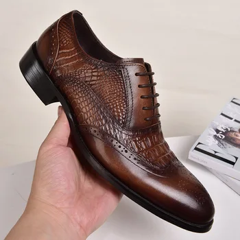 Artı Boyutu 48 Brock Oxford retro timsah deri erkek resmi bahar sonbahar yeni İş Rahat erkek resmi ayakkabı Düğün ayakkabı