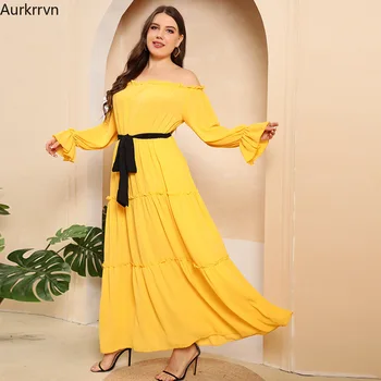 Artı Boyutu Elbiseler Gevşek Vintage Kapalı Omuz Maxi elbise kemeri Pilili Sarı Zarif Kadın Elbiseler için Parti 2022 Bahar Parti