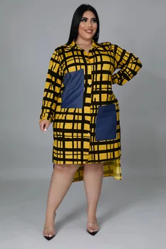 Artı Boyutu Kadın 5xl Elbise Ekose Cep Zarif Parti Elbise 2022 Sonbahar Bayan Gevşek Bluz Kadın Lüks Toptan Tasarımcı Kumaş