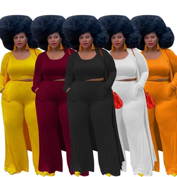 Artı Boyutu Kadın Giyim 2021 Üç Parçalı Gevşek Düz Renk Pelerin Bahar Sonbahar Modelleri Pantolon ve Tulumlar Parti Kulübü Giyim
