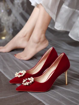Ayakkabı Düğün kadın Kış Gelin ayakkabıları Şarap Kırmızı Yüksek Topuklu kadın Düğün İnce Topuklu Tost Ayakkabı Süet Pompaları