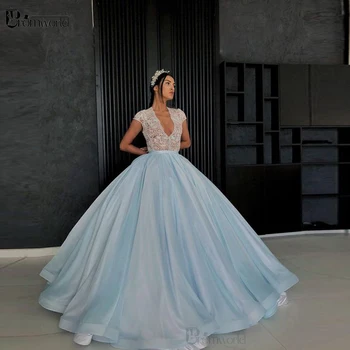 Açık Mavi Balo Uzun balo kıyafetleri 2022 Boncuk Dantel Organze vestidos de noite Örgün Parti Kıyafeti Abiye