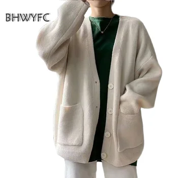 BHWYFC Sonbahar Kış Sıcak Kazak Ceket kadın Kore Versiyonu Net Kırmızı Gevşek Örgü Hırka Düz Renk Batı Tarzı Tembel Rüzgar