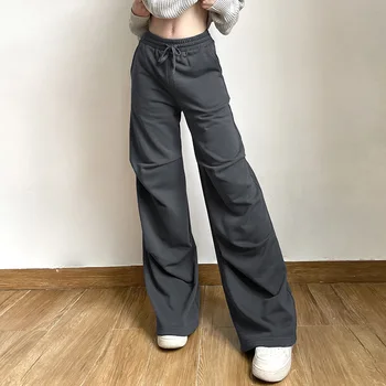 Baggy kargo pantolon Kadın 2022 Sonbahar Kış Yeni kadın Giyim Mizaç Saf Renk Kravat Bel Büzgü Geniş bacak rahat pantolon