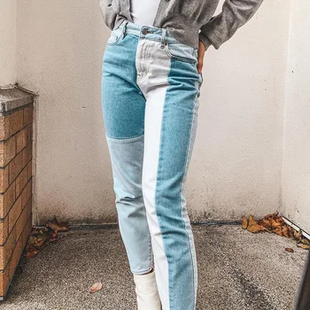 Bahar 2021 Kadınlar Yüksek Bel Pantolon Vintage Moda Beyaz Mavi Patchwork Kot Bayan Rahat Gevşek Düz Kot