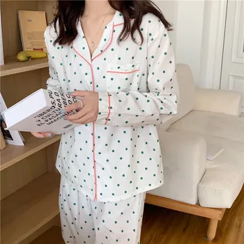 Bahar Pijama Seti Kadın Polka Dot Baskı O-Boyun Uzun Kollu Gömlek + Uzun pantolon seti Pamuk Tatlı Ev Takım Elbise Pijama Rahat