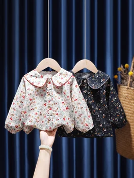 Bahar Sonbahar Kız Moda Pamuk Gömlek Bebek Yaka Uzun kollu Çiçek Bluzlar Gömlek Bebek Çocuk Giyim Rahat Kıyafet Tops