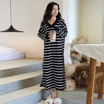 Bahar Sonbahar Uzun Kollu Basit Şerit Nightgowns Kadınlar Pamuk Pijama Nightie Gece Elbise Gecelik Ev Giyim Giysi C91