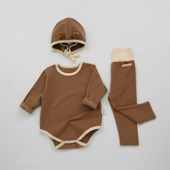 Bahar Sonbahar Yenidoğan Bebek Kız Erkek Giyim Seti Uzun Kollu Bodysuits Pantolon Şapka Bebek Kıyafetleri