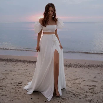 Basit Beach 2 Adet Elbise Fotoğraf Omuz Puf Ateş Kapalı Kadın Bornoz için Gelinlik Elbise Şifon Düğün Kol De Mariée