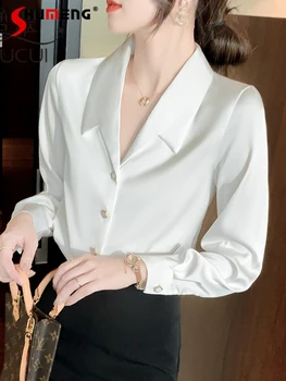 Basit Kadın Bluzlar 2022 Yeni Fransız Tarzı İş Uzun Kollu Asetat Saten Düğme Beyaz Gömlek kadın Sonbahar Bluzlar 2XL