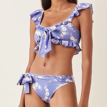 Baskı Ruffled mor Moda Çiçek Bikini Sütyen Yaz Beach Katı Push Kadar Kadın Bandaj Mayo Tanga İç giyim Set 
