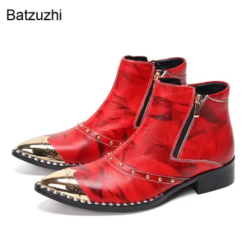 Batzuzhi Lüks El Yapımı erkek Bot Ayakkabı Sivri Metal Ayak Kırmızı Hakiki Deri Çizmeler Erkekler Zip Botas Hombre Parti
