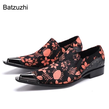 Batzuzhi İtalyan Tipi Resmi Deri Elbise Ayakkabı Erkekler Sivri Demir Kafa Siyah Baskı Çiçekler İş deri ayakkabı Erkek, 38-46