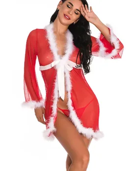 Bayan Noel iç çamaşırı kırmızı Santa Babydolls Kimono Set uzun kollu artı boyutu