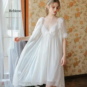 Bayan Saray Pamuk Beyaz Gecelikler Kadın Prenses Vintage Yumuşak Asil Ev Uyku Elbise İki adet Takım Elbise Göğüs Pedi İle