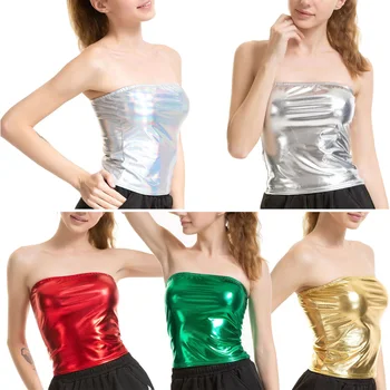 Bayan Seksi Kırpma Üst Parlak Tüp Üst Moda Düz Renk Straplez Yelek Streetwear Clubwear Parti Kostüm