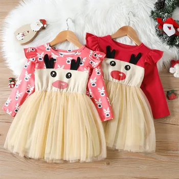 Bebek Kız Noel Tutu Elbise Çocuklar Kız Geyik Elk Uzun Kollu Elbiseler Toddler Örgü Patchwork Tül Etek Kıyafetler Parti Kostüm