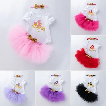 Bebek Kız Takım Elbise Yenidoğan Bebek Zarif Baskı Doğum Günü Partisi Tutu Elbise Kıyafet 3 Adet Elbise Seti